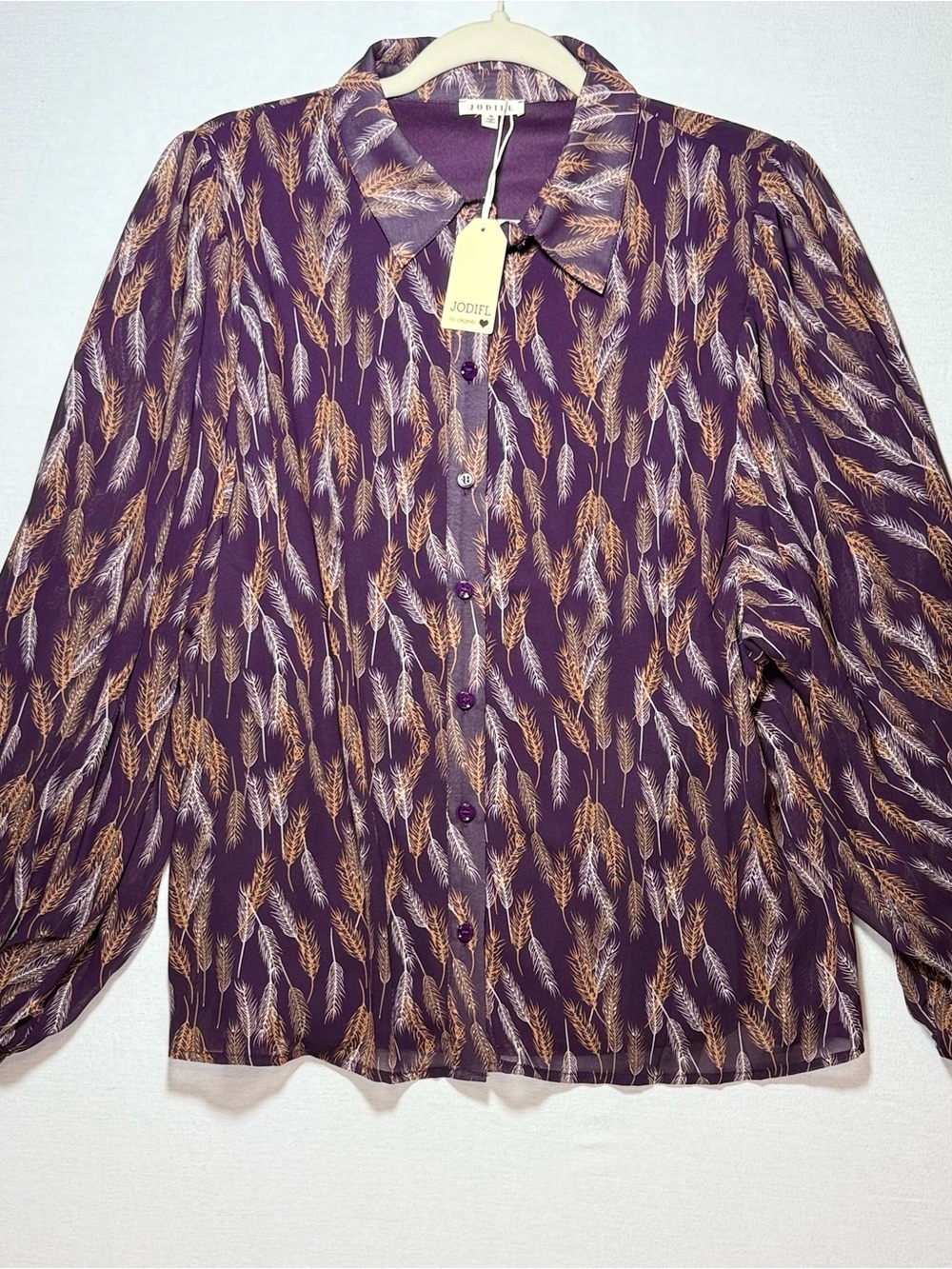 JODIFL Purple Wheat-Print Button Blouse with Golden Accents